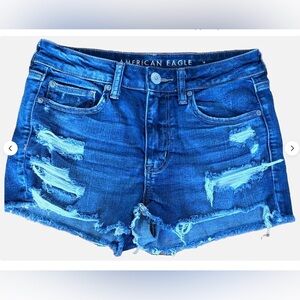 American Eagle Hi Rise Shortie Denim Shorts Size 6 Distressed Frayed Festival